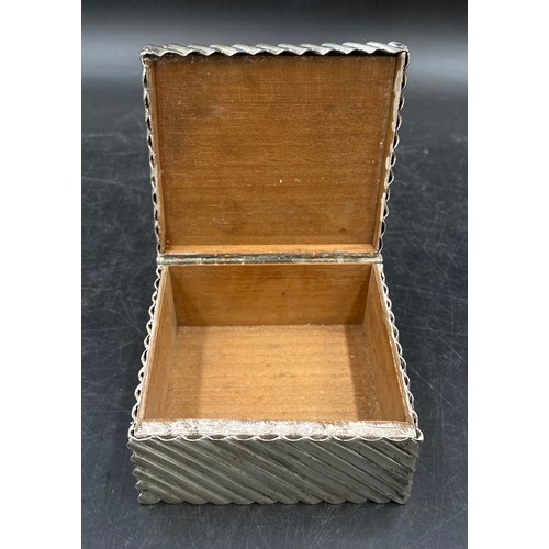 763 - Collection of silver items to include : ribbed silver wood lined box 9cm x 8.5cm x 4.5cm, R. E. Ston... 