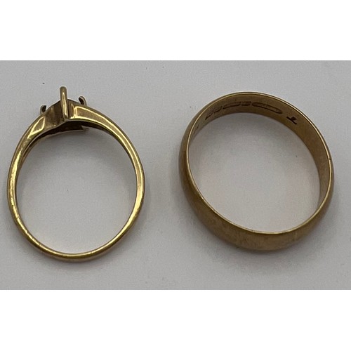 490 - Nine carat gold wedding band, size T and  a 9 carat gold ring lacking stone. Total weight 6.1gm.