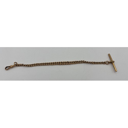 494 - A 9 carat gold watch chain with T bar and clip. Marked to each link, T bar and clip. Weight 17.4gm. ... 