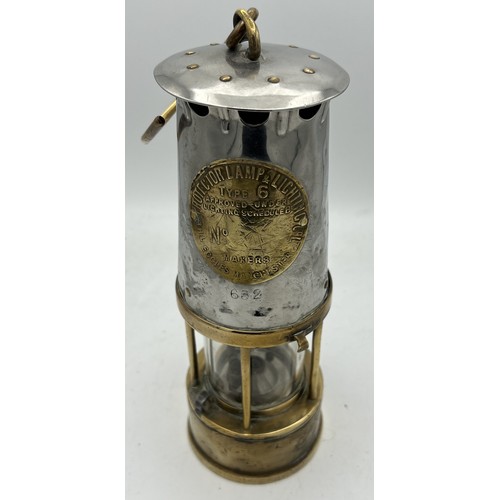 963 - An Eccles brass and steel Protector Lamp & Lighting Co Ltd Mining Lamp. Type 6, stamped 632. 23cm h.