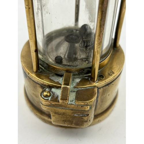 963 - An Eccles brass and steel Protector Lamp & Lighting Co Ltd Mining Lamp. Type 6, stamped 632. 23cm h.