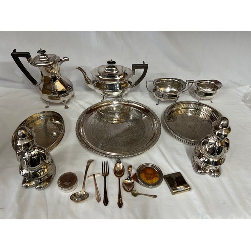 677 - A quantity of silver plate including 2 x galleried trays, a raised salver, a tea and coffee set by G... 