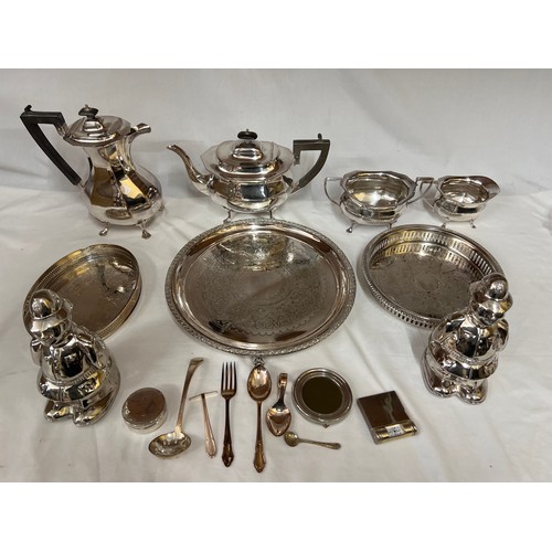 677 - A quantity of silver plate including 2 x galleried trays, a raised salver, a tea and coffee set by G... 