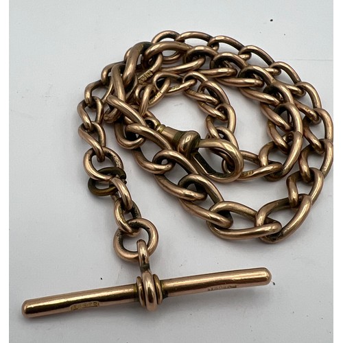 498 - A 9ct gold watch chain, Chester, with T-bar. 30.1gm. 35.5cm l.