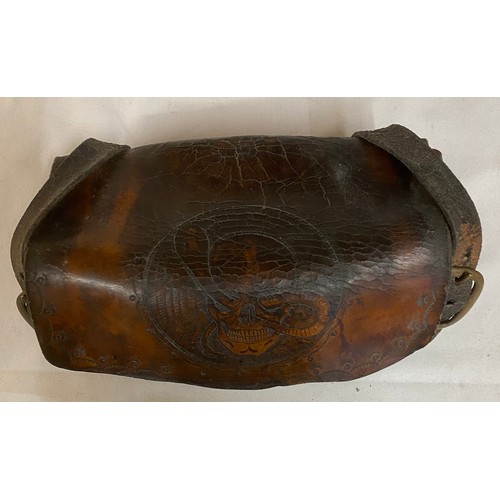 968 - Motor bike tool kit roll with skull and snake pattern inscribed to front, inlaid box 30cm x 22cm x14... 