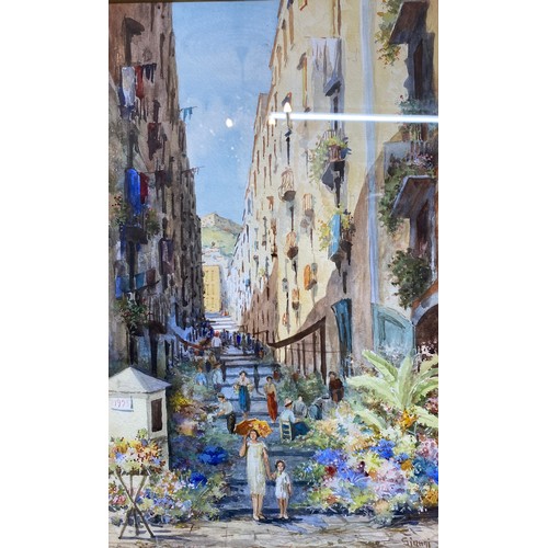 1187 - Watercolour and gouache, of a busy Italian street. Signed lower right Gianni. Image size 42 x 26cm. ... 