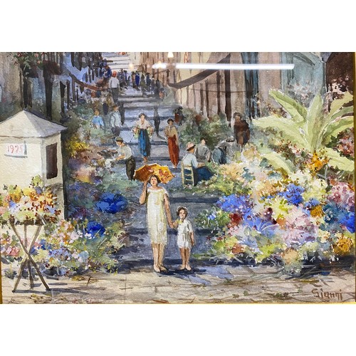 1187 - Watercolour and gouache, of a busy Italian street. Signed lower right Gianni. Image size 42 x 26cm. ... 