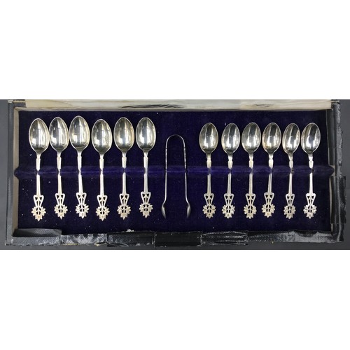 777 - A boxed set of 12 silver spoons 6 x tea and 6 x coffee and pair of tongs. Teaspoons hallmarked Sheff... 