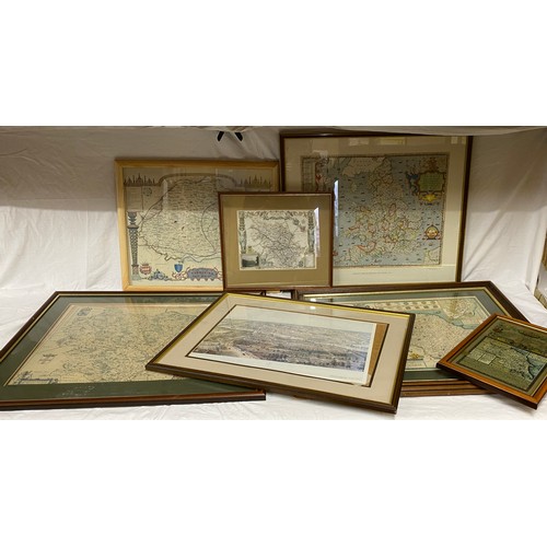 933 - A collection of framed reproduction maps to include The Ridings of Yorkshire, Anglia, Birds Eye View... 