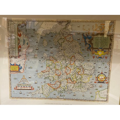 933 - A collection of framed reproduction maps to include The Ridings of Yorkshire, Anglia, Birds Eye View... 