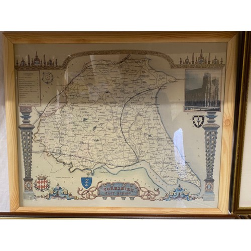 933 - A collection of framed reproduction maps to include The Ridings of Yorkshire, Anglia, Birds Eye View... 