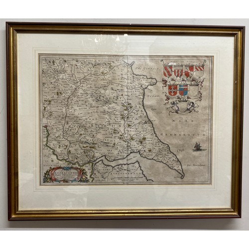 934 - Blau's map of the East Riding of Yorkshire c. 1660 with contemporary colouring and with the arms of ... 