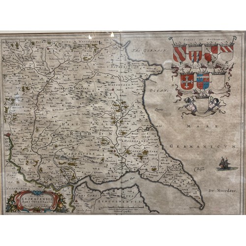 934 - Blau's map of the East Riding of Yorkshire c. 1660 with contemporary colouring and with the arms of ... 