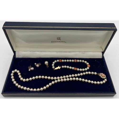 478 - Single strand cultured pearl necklace with coral and pearl clasp in unmarked yellow metal, together ... 