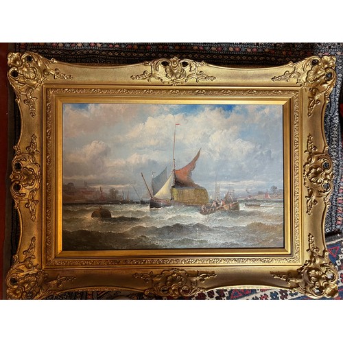 1183 - A Thornley oil on canvas, shipping Rochester off the Medway in good quality reproduction gilt frame.... 