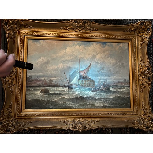 1183 - A Thornley oil on canvas, shipping Rochester off the Medway in good quality reproduction gilt frame.... 