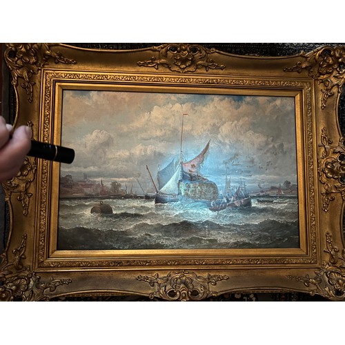 1183 - A Thornley oil on canvas, shipping Rochester off the Medway in good quality reproduction gilt frame.... 