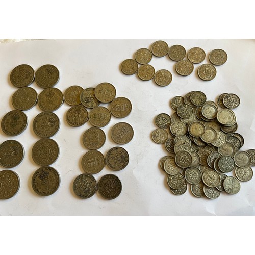 549 - Pre 1947 sixpences 97.2gm  , One and two shilling coins and sixpences.