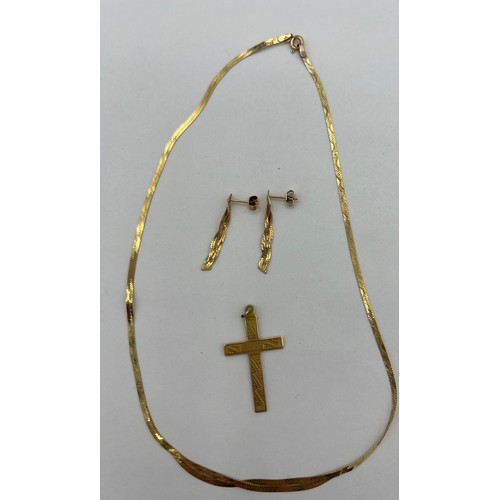 497 - Nine carat gold earrings and necklace together with a 9 carat gold crucifix 3.5cm l. Total weight 5g... 