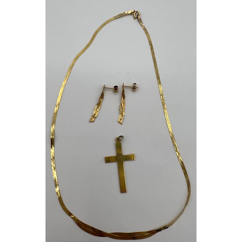 497 - Nine carat gold earrings and necklace together with a 9 carat gold crucifix 3.5cm l. Total weight 5g... 