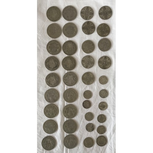 783 - Coins to include 18 pre 1947 half crowns, 9 two shillings, 9 sixpences and two one shillings in tota... 