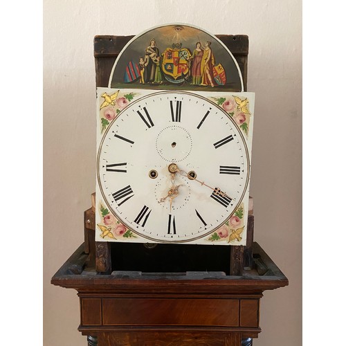 826 - An 8 day long case oak clock with painted face with pendulum, weights key and winder approx. 230 h x... 