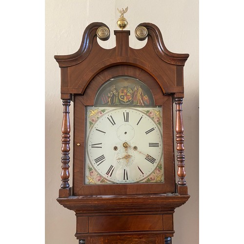 826 - An 8 day long case oak clock with painted face with pendulum, weights key and winder approx. 230 h x... 