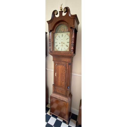 826 - An 8 day long case oak clock with painted face with pendulum, weights key and winder approx. 230 h x... 