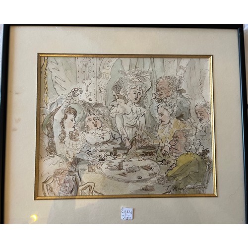 1150 - A pen and ink sketch of men and women at the gaming table.    
25cm x 31cm. Signed lower right T. Ro... 