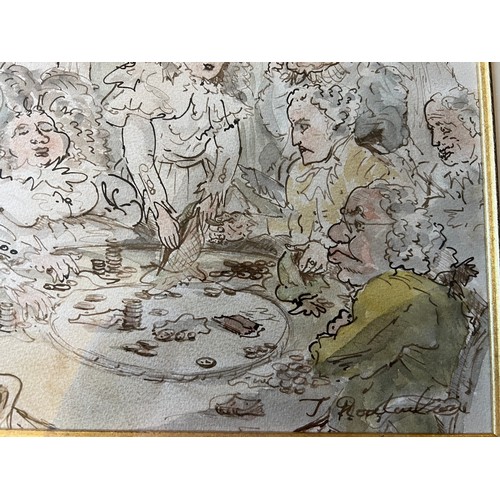 1150 - A pen and ink sketch of men and women at the gaming table.    
25cm x 31cm. Signed lower right T. Ro... 