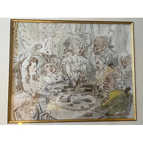 1150 - A pen and ink sketch of men and women at the gaming table.    
25cm x 31cm. Signed lower right T. Ro... 