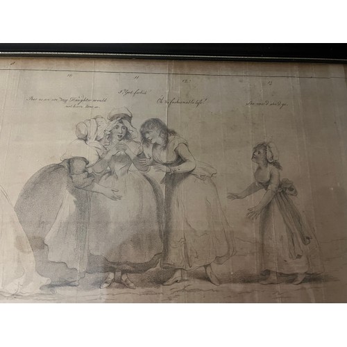 1115 - Various prints from Hogarth’s School for Scandal mounted in one frame. 183cm x 25cm.