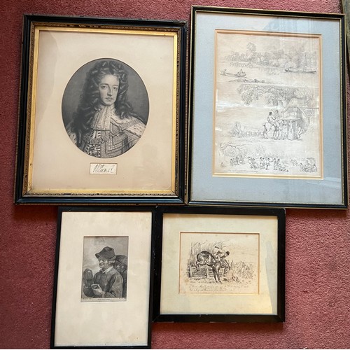 1114 - Four various 18th/19thC prints to include hunting scene, William R with signature beneath 42cm x37cm... 