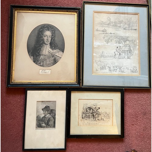 1114 - Four various 18th/19thC prints to include hunting scene, William R with signature beneath 42cm x37cm... 