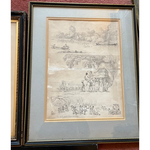 1114 - Four various 18th/19thC prints to include hunting scene, William R with signature beneath 42cm x37cm... 