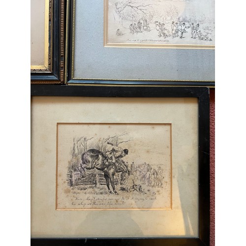 1114 - Four various 18th/19thC prints to include hunting scene, William R with signature beneath 42cm x37cm... 