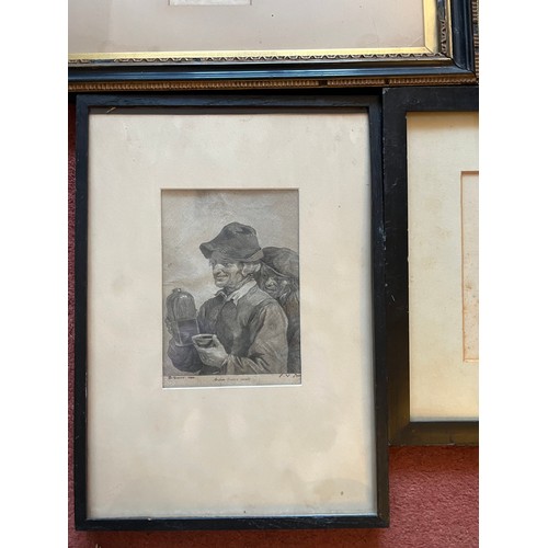 1114 - Four various 18th/19thC prints to include hunting scene, William R with signature beneath 42cm x37cm... 