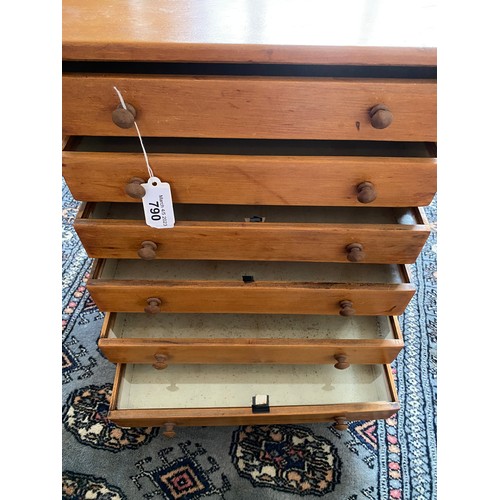 790 - A six drawer pine collectors cabinet with glass tops to drawers. 42 cm h x 22cm d x 38cm w. Label to... 