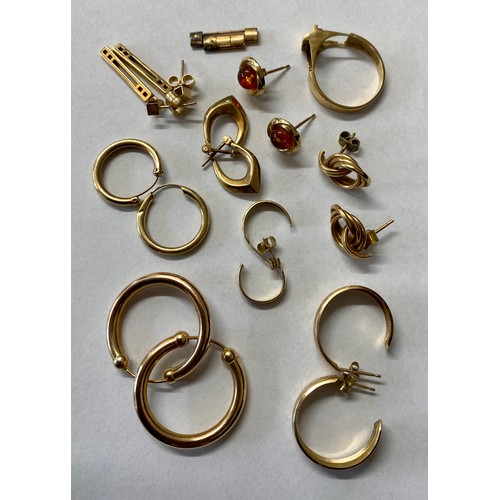 436A - Eight pairs of 9ct gold earrings, ring , etc.  Total weight 12gm.