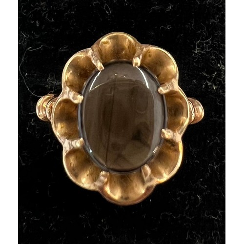 408A - An 18ct gold gem set ring possibly labradorite. Size N. Weight 5.9gm.