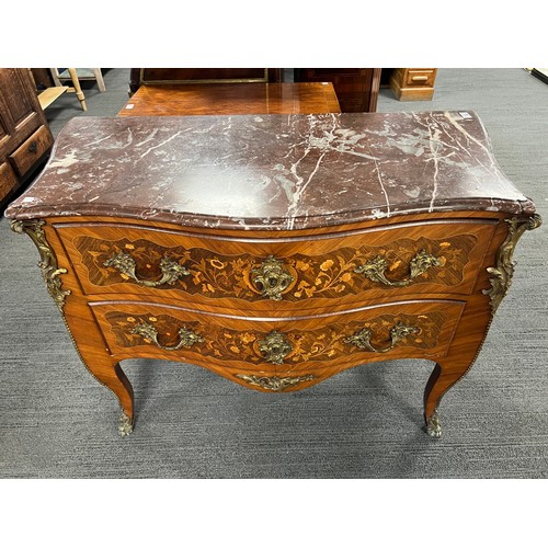 68 - A 19thC French marquetry commode with marble top and  ormolu mounts with two drawers, 114cm w x 53cm... 