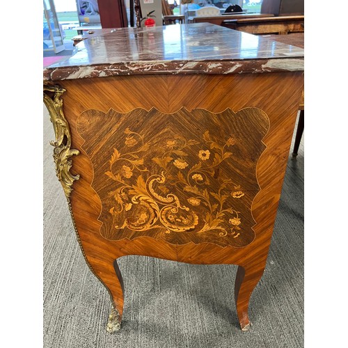 68 - A 19thC French marquetry commode with marble top and  ormolu mounts with two drawers, 114cm w x 53cm... 