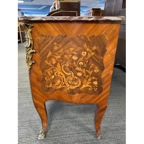 68 - A 19thC French marquetry commode with marble top and  ormolu mounts with two drawers, 114cm w x 53cm... 