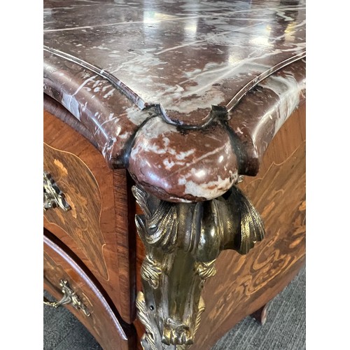 68 - A 19thC French marquetry commode with marble top and  ormolu mounts with two drawers, 114cm w x 53cm... 