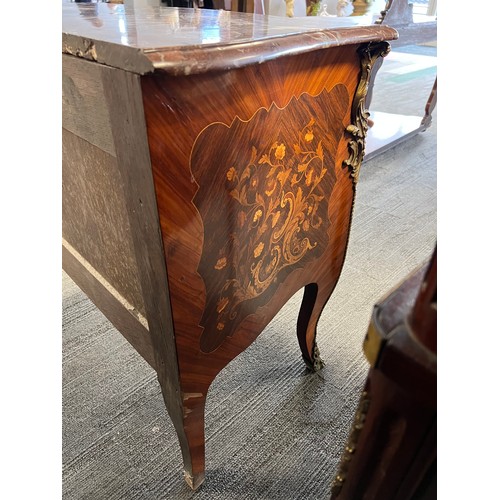 68 - A 19thC French marquetry commode with marble top and  ormolu mounts with two drawers, 114cm w x 53cm... 