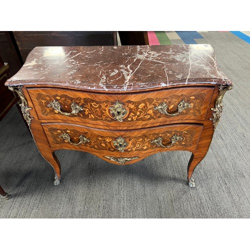 68 - A 19thC French marquetry commode with marble top and  ormolu mounts with two drawers, 114cm w x 53cm... 