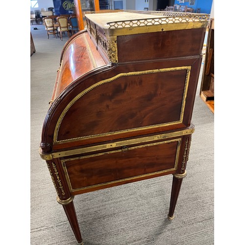 71 - Fine quality French cylinder bureau in plum pudding mahogany with brass mounts, finished to reverse.... 