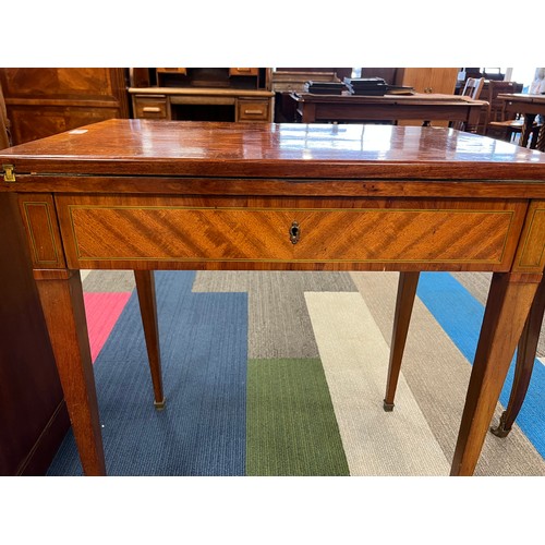 77 - A 19thC French metamorphic writing/card table in mahogany with parquetry top. 74cm w x 48cm d x 77cm... 