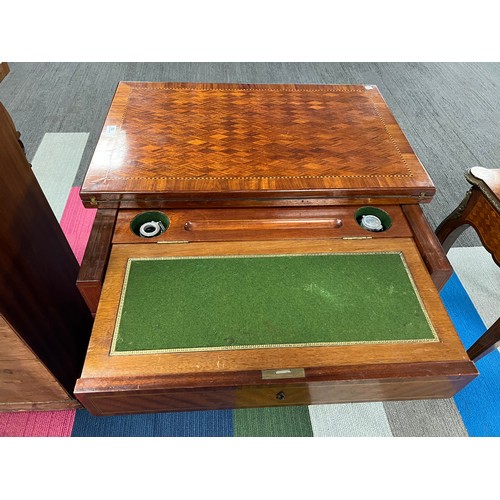 77 - A 19thC French metamorphic writing/card table in mahogany with parquetry top. 74cm w x 48cm d x 77cm... 