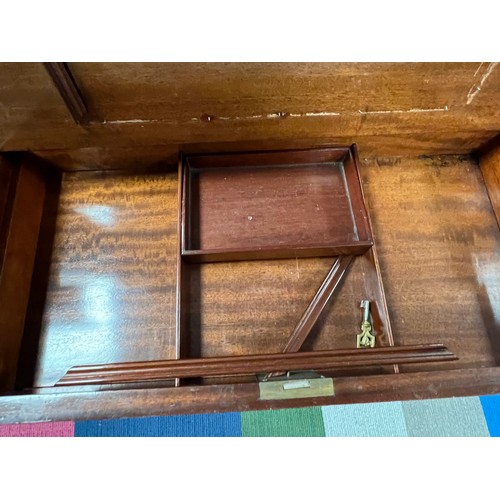 77 - A 19thC French metamorphic writing/card table in mahogany with parquetry top. 74cm w x 48cm d x 77cm... 